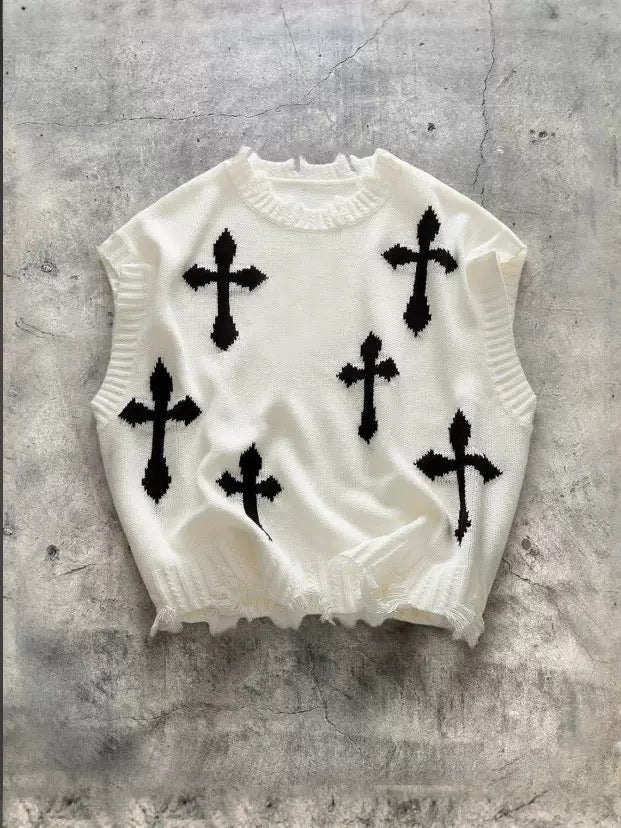 Stylish Retro Jacquard Distressed Knit Top