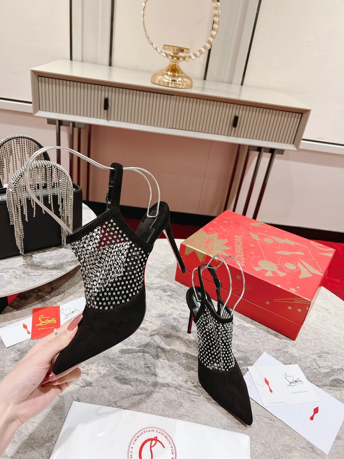 CL* 24 new fishnet rhinestone high heels 1:1VIP