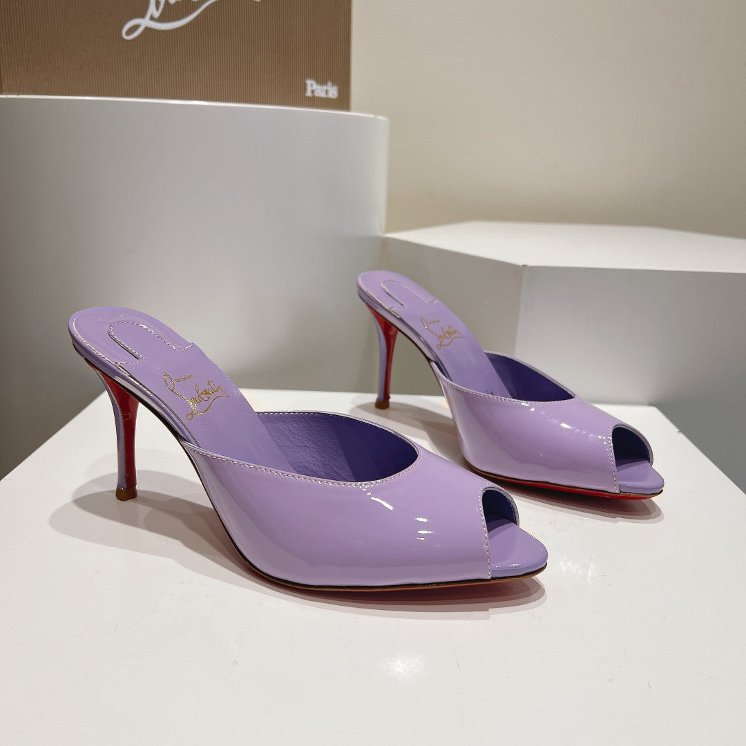 CHRIS* LOUB* 24SS Patent Leather Peep Toe High Heel Slippers 1:1 VIP