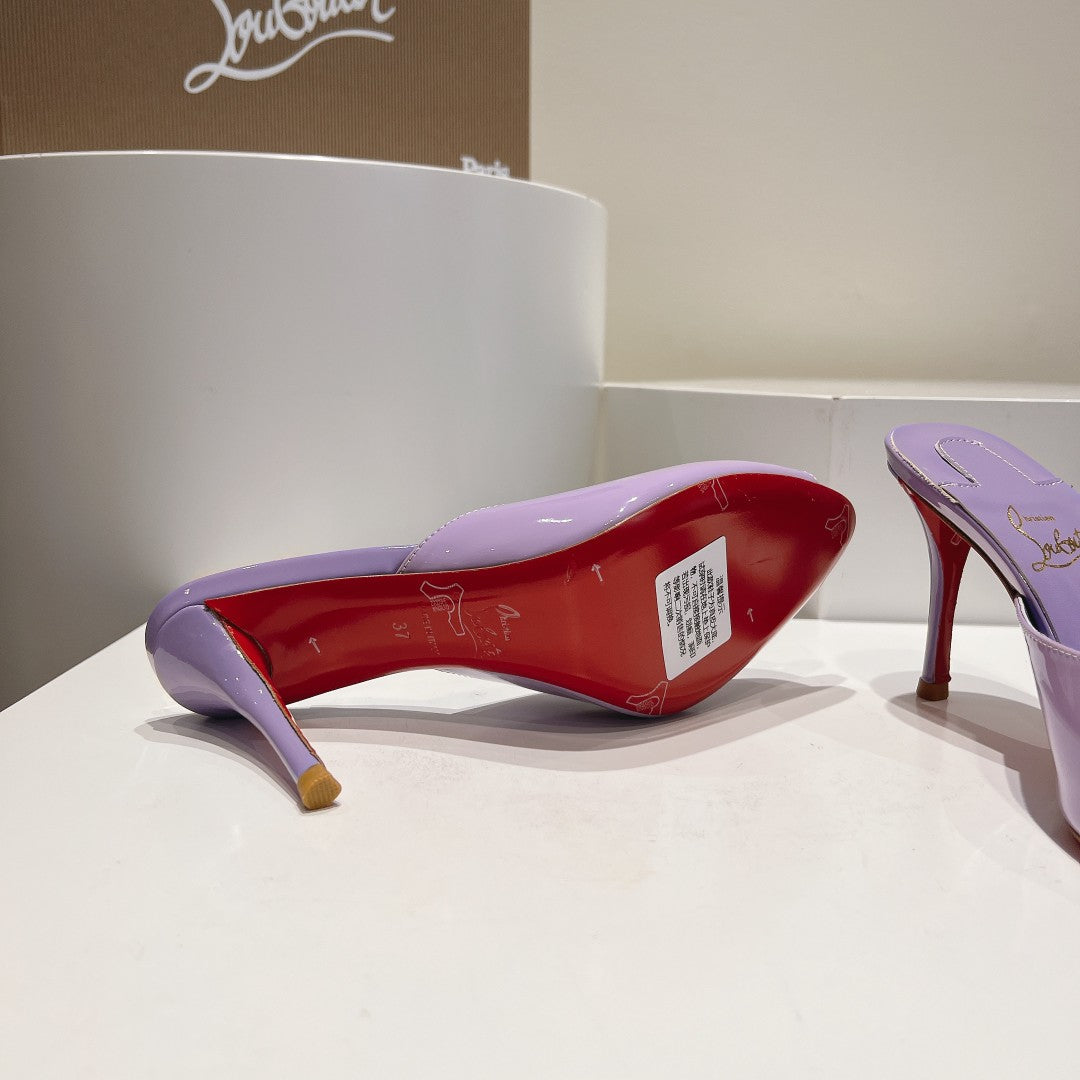 CHRIS* LOUB* 24SS Patent Leather Peep Toe High Heel Slippers 1:1 VIP