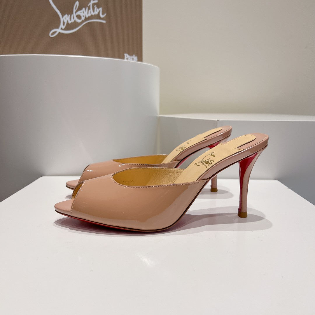 CHRIS* LOUB* 24SS Patent Leather Peep Toe High Heel Slippers 1:1 VIP