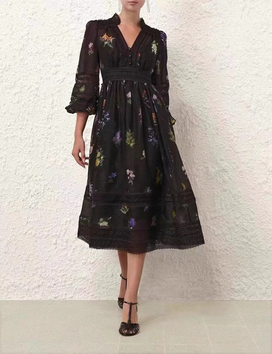 ZIMMERM* Colorful printed lace patchwork V-neck dress