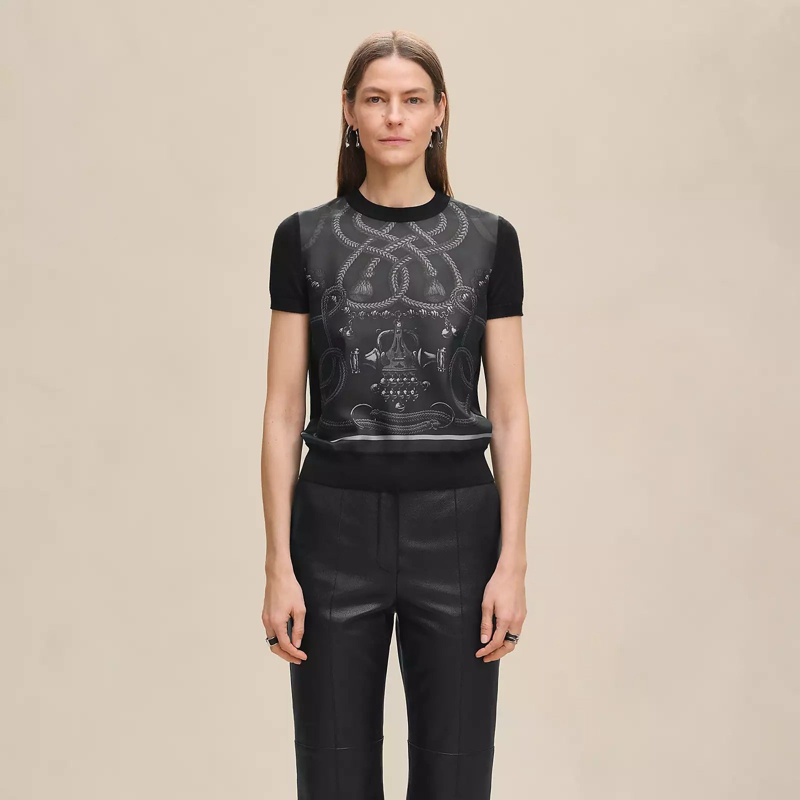 Hermès 2026 New Collection Saddle Print Patchwork Knit Top