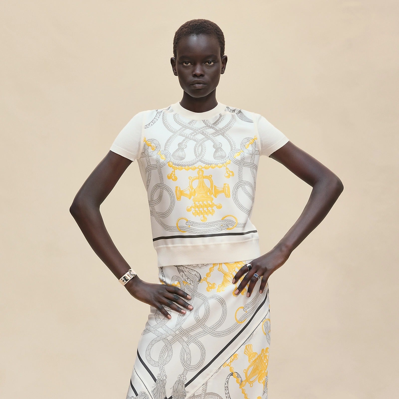 Hermès 2026 New Collection Saddle Print Patchwork Knit Top