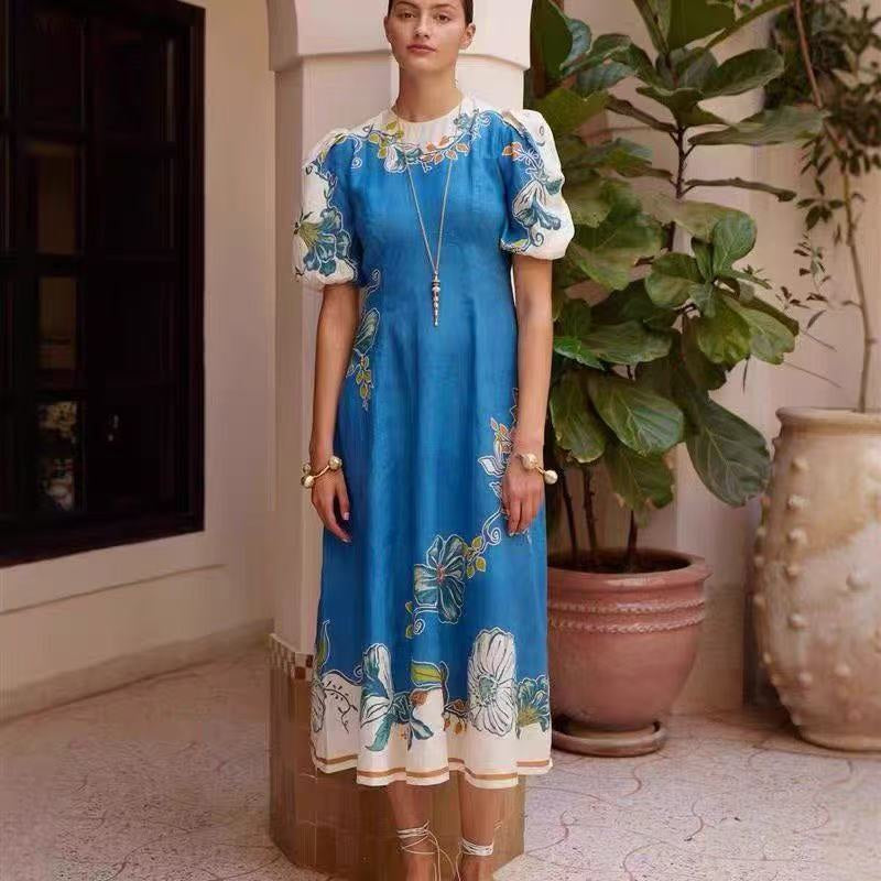 2026SS Printed Crew-Neck Waist-Cinching Dress