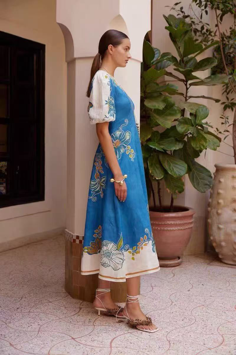 2026SS Printed Crew-Neck Waist-Cinching Dress