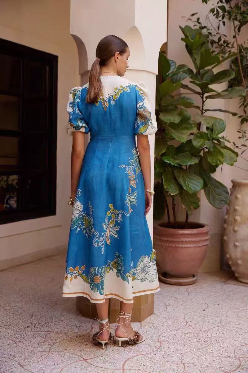 2026SS Printed Crew-Neck Waist-Cinching Dress