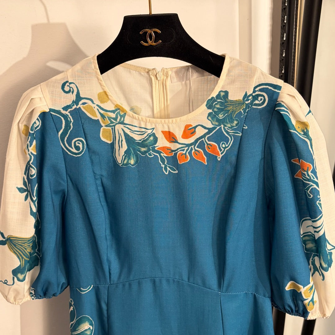 2026SS Printed Crew-Neck Waist-Cinching Dress