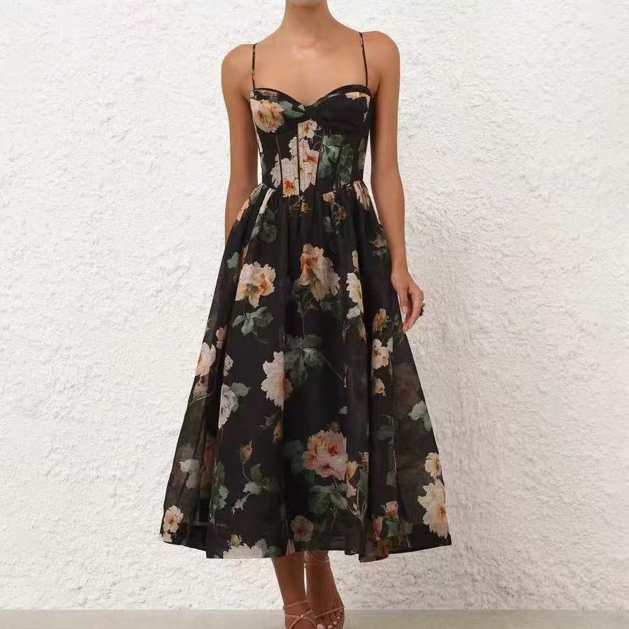 2026SS Floral Print, Tie-Waist, Strapless Cami Dress