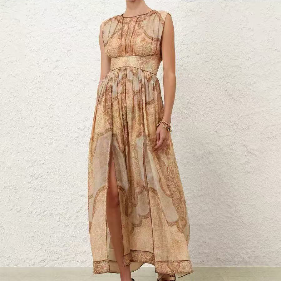 2026SS Vintage-Print, Waist-Cinching, Sleeveless Tank Dress