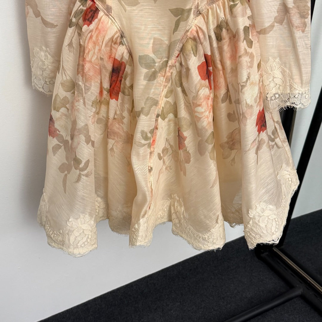 Fitted Dress with Colorful Rose Print and Lace Paneling