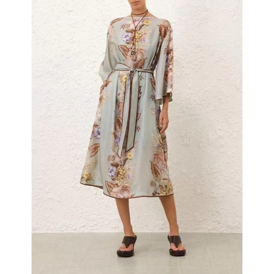 Retro Colorful Floral Print Tie-Waist Dress