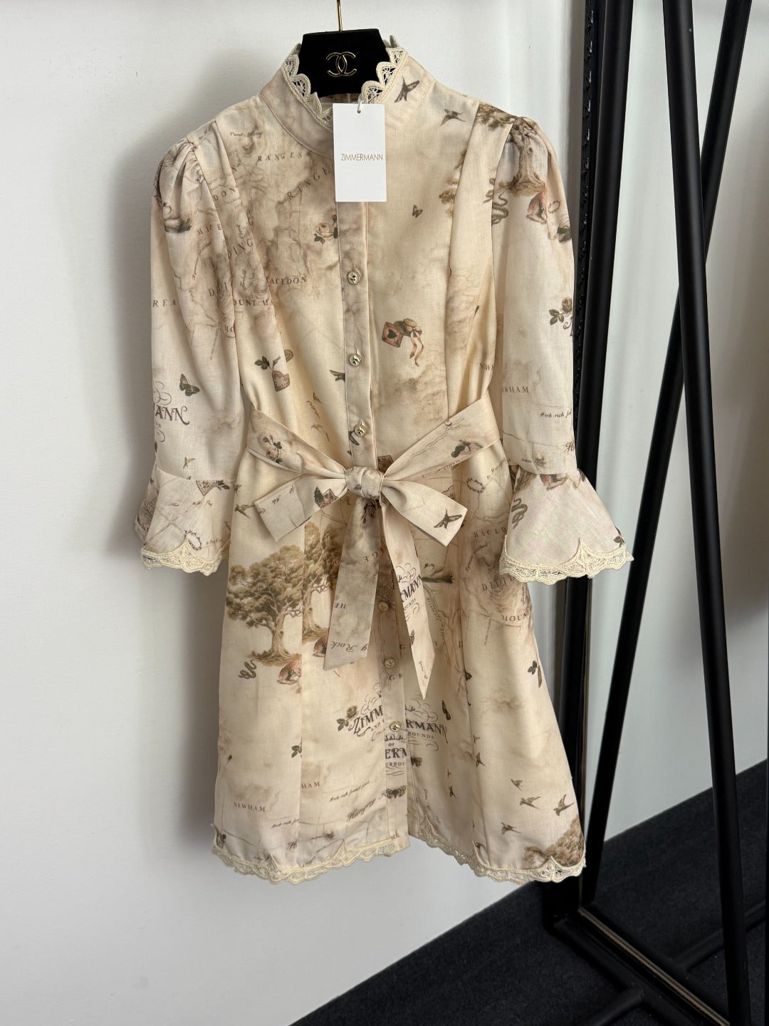 Rose-Embellished, Button-Front, Waist-Tie Dress
