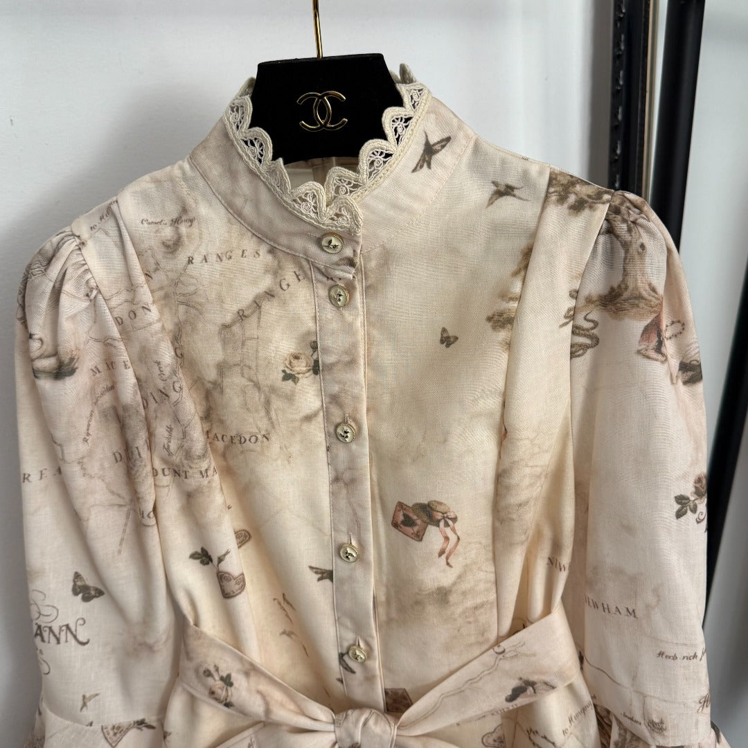 Rose-Embellished, Button-Front, Waist-Tie Dress