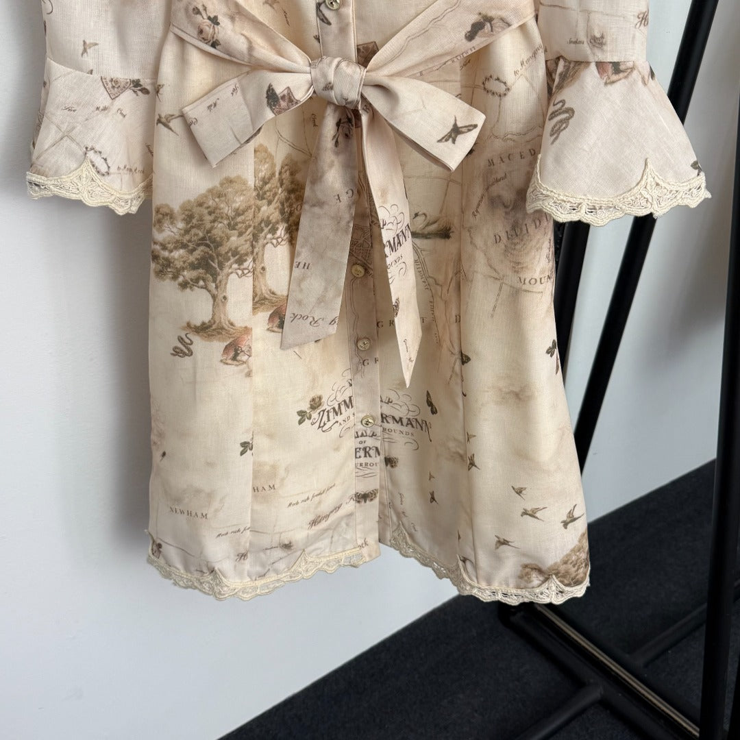 Rose-Embellished, Button-Front, Waist-Tie Dress