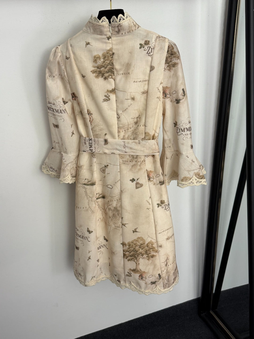 Rose-Embellished, Button-Front, Waist-Tie Dress