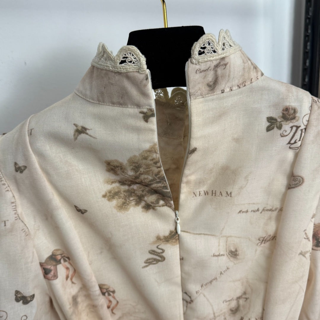 Rose-Embellished, Button-Front, Waist-Tie Dress