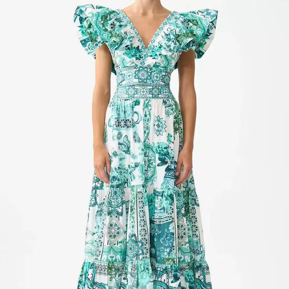 Retro-Print V-Neck Tank Top with Ruffle Sleeves + High-Waisted Skirt