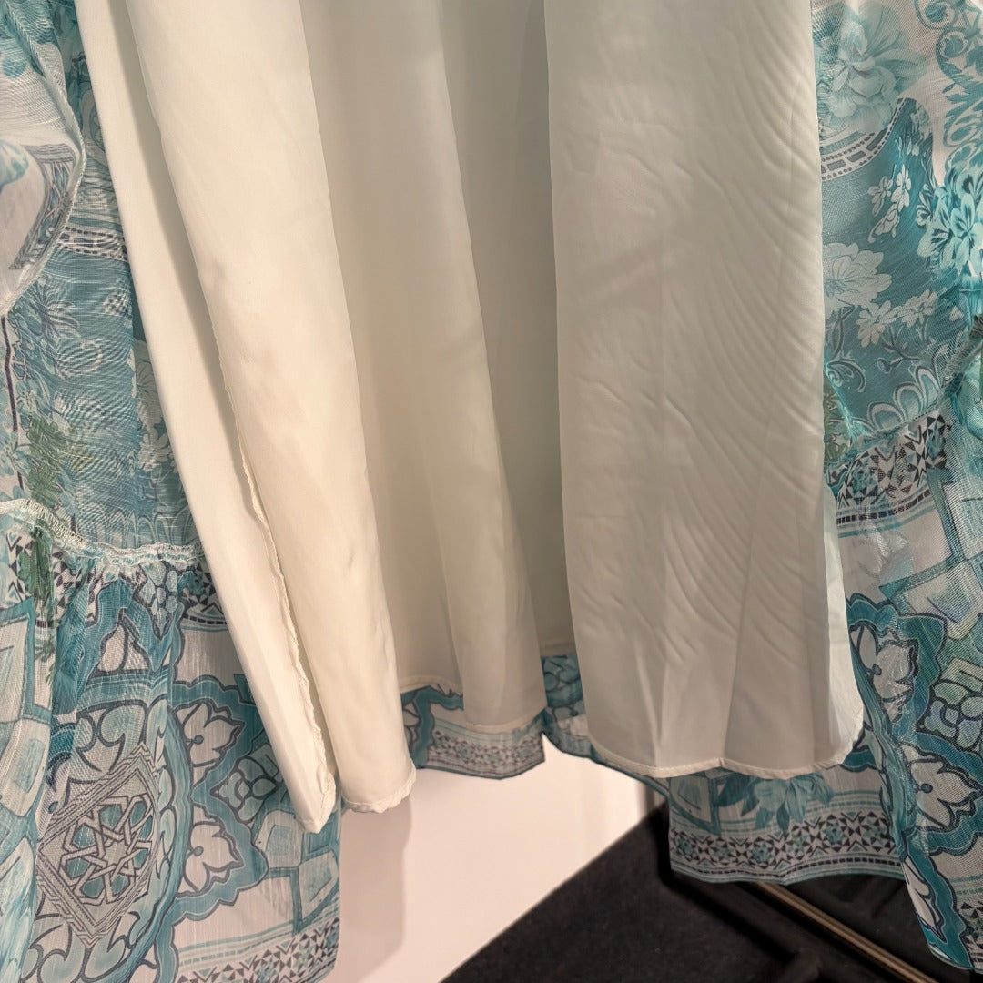 Retro-Print V-Neck Tank Top with Ruffle Sleeves + High-Waisted Skirt