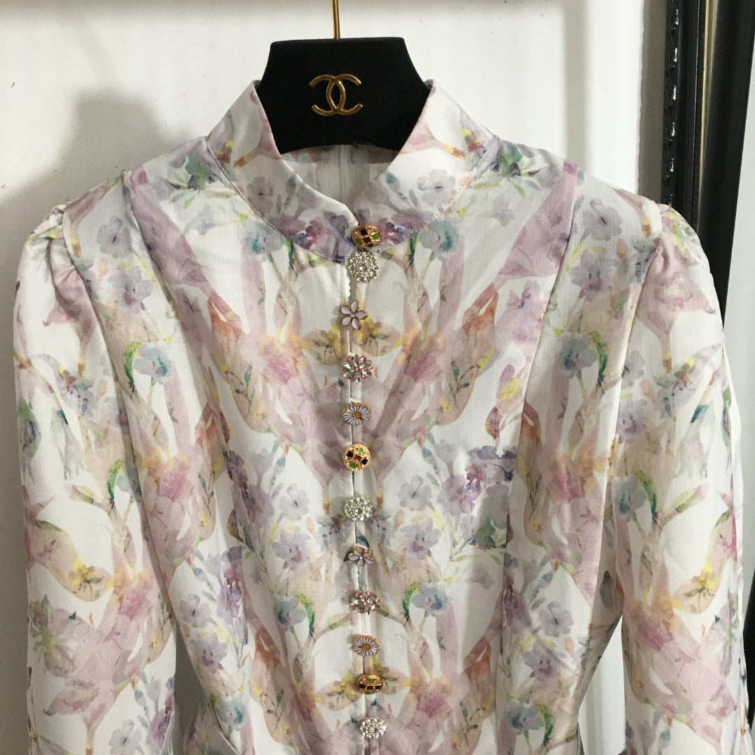 Elegant, Intricately Crafted Dress with Floral Print, Stand Collar, and Cinched Waist