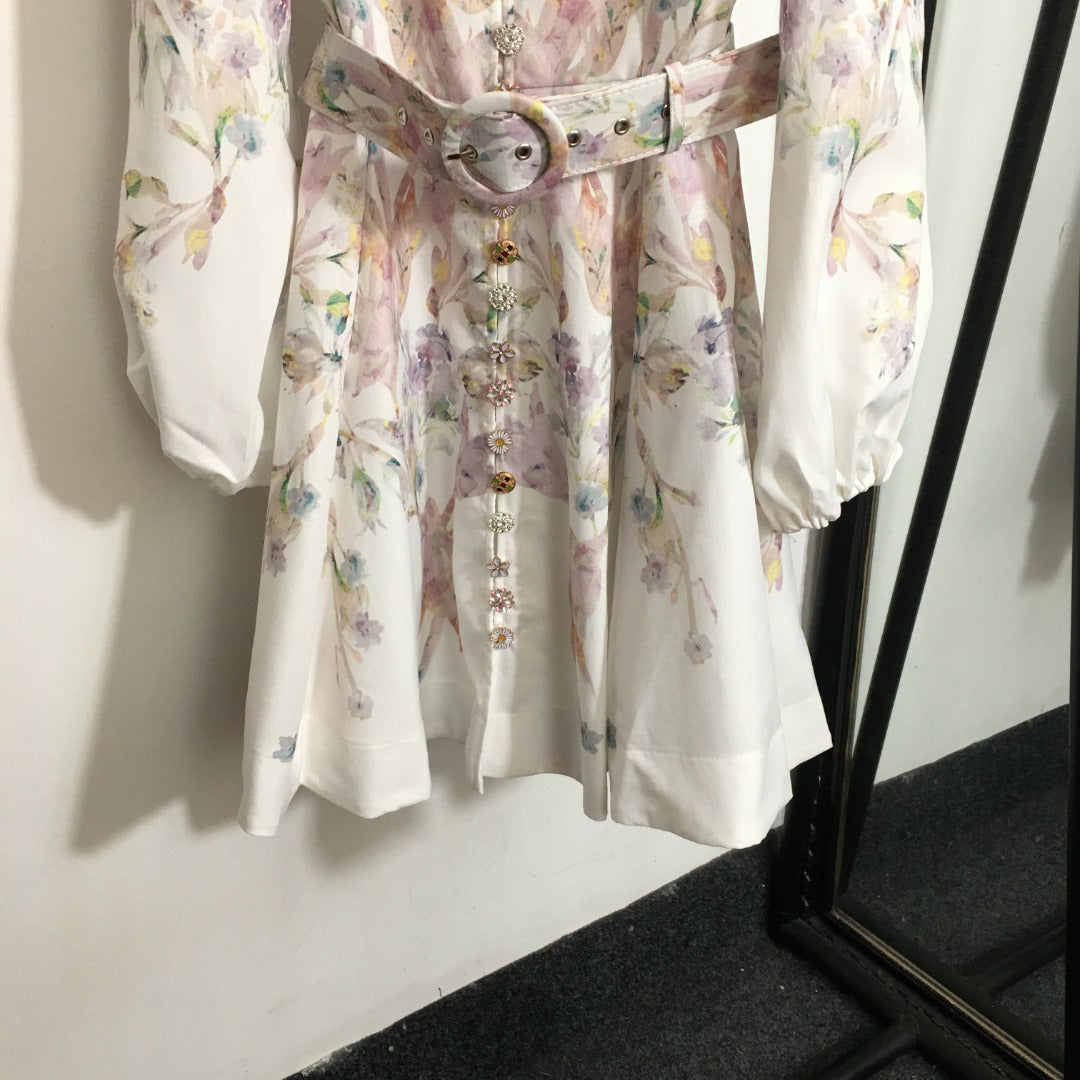 Elegant, Intricately Crafted Dress with Floral Print, Stand Collar, and Cinched Waist
