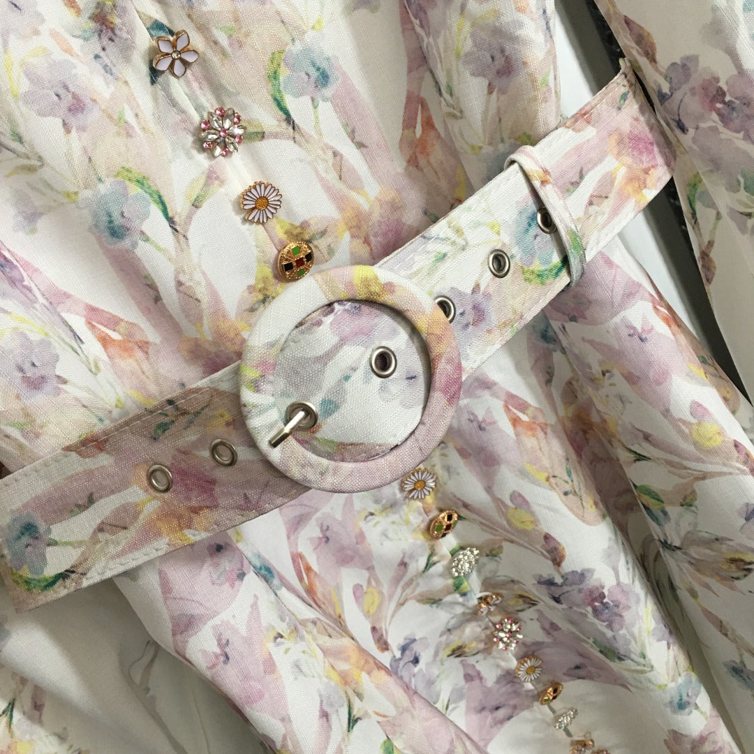 Elegant, Intricately Crafted Dress with Floral Print, Stand Collar, and Cinched Waist