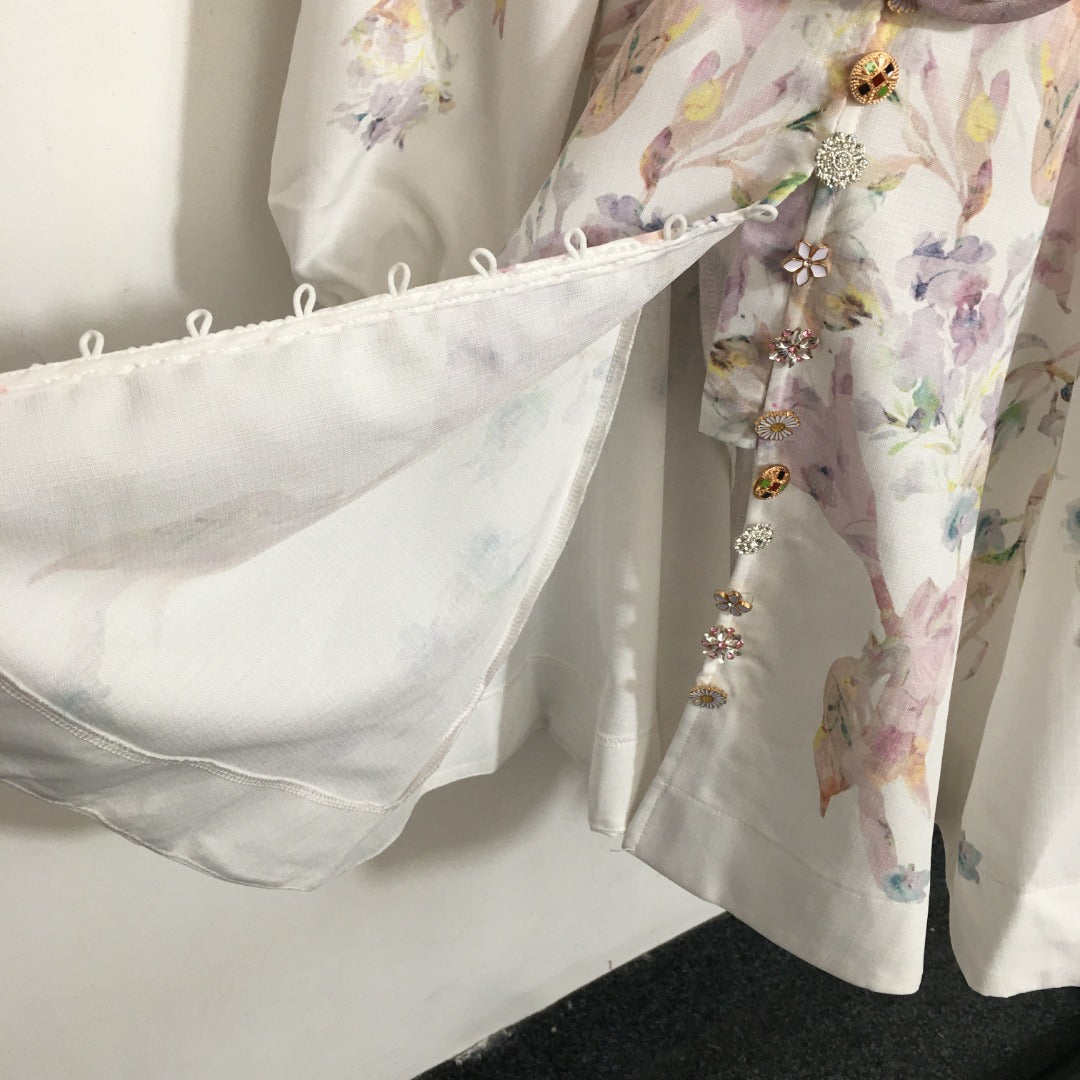 Elegant, Intricately Crafted Dress with Floral Print, Stand Collar, and Cinched Waist