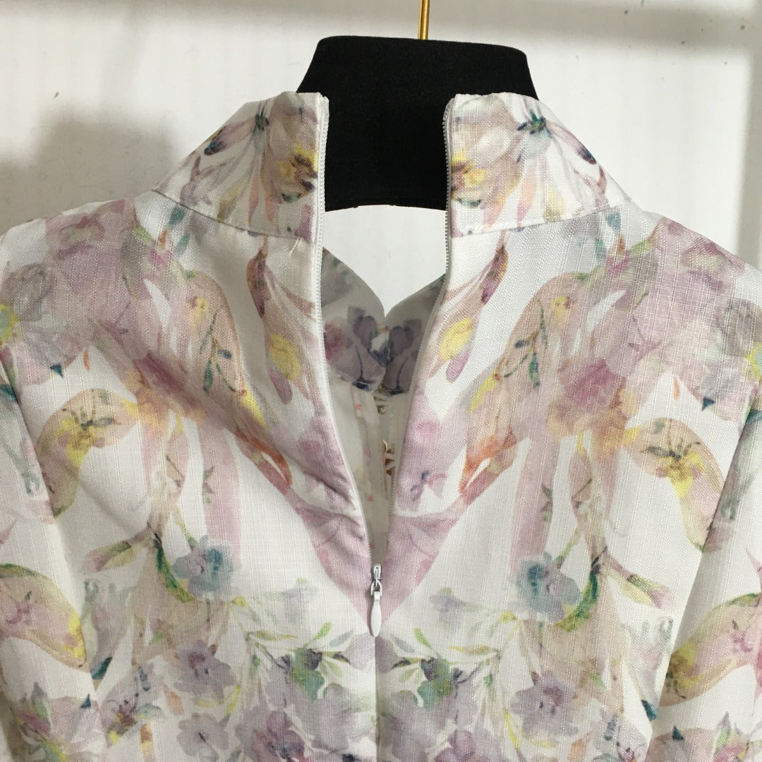 Elegant, Intricately Crafted Dress with Floral Print, Stand Collar, and Cinched Waist