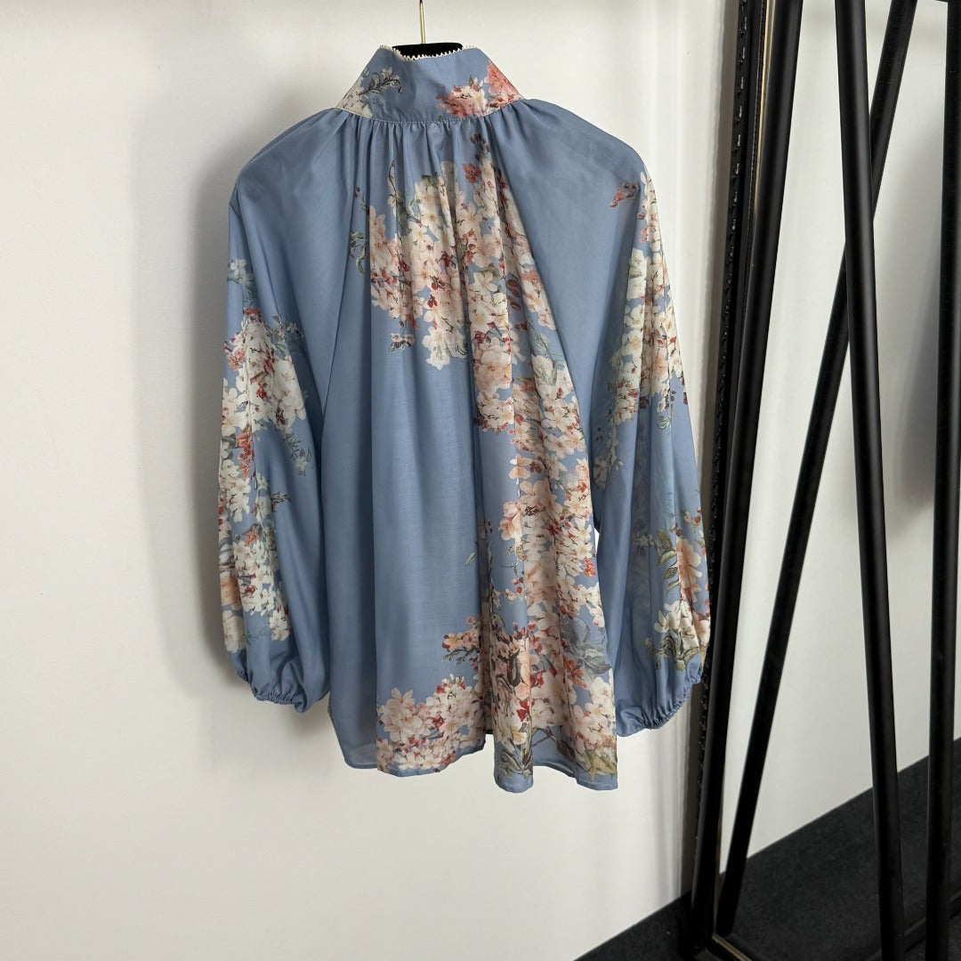 Stand-Collar Long-Sleeve Shirt + Elastic-Waist Skirt
