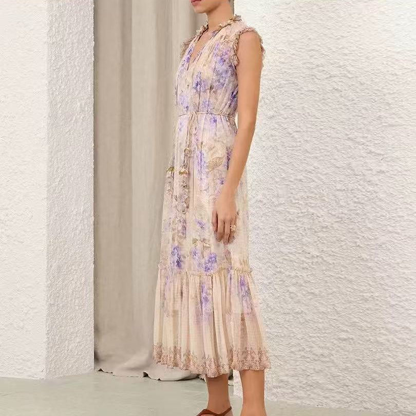 Ruffled-Collar, Tie-Waist, Sleeveless Vest Dress