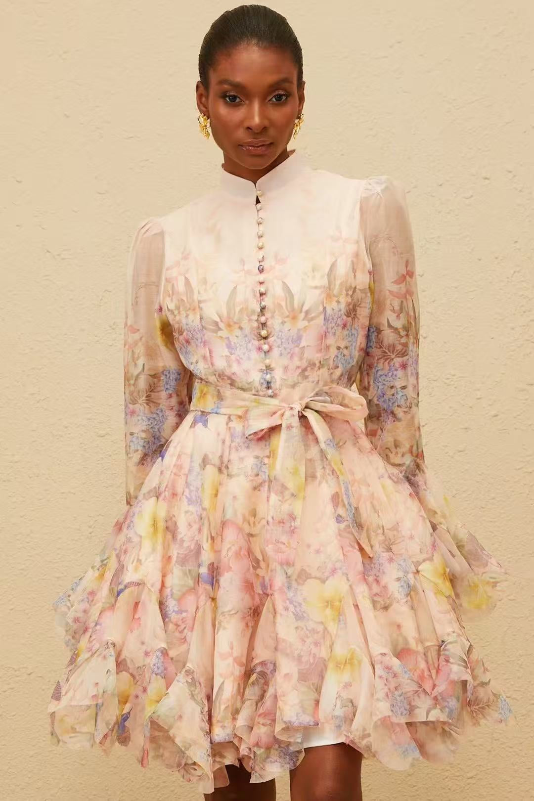 Floral Print Flounce-Hem Fit-and-Flare Dress with Waist Tie