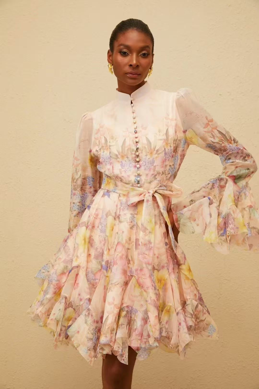 Floral Print Flounce-Hem Fit-and-Flare Dress with Waist Tie