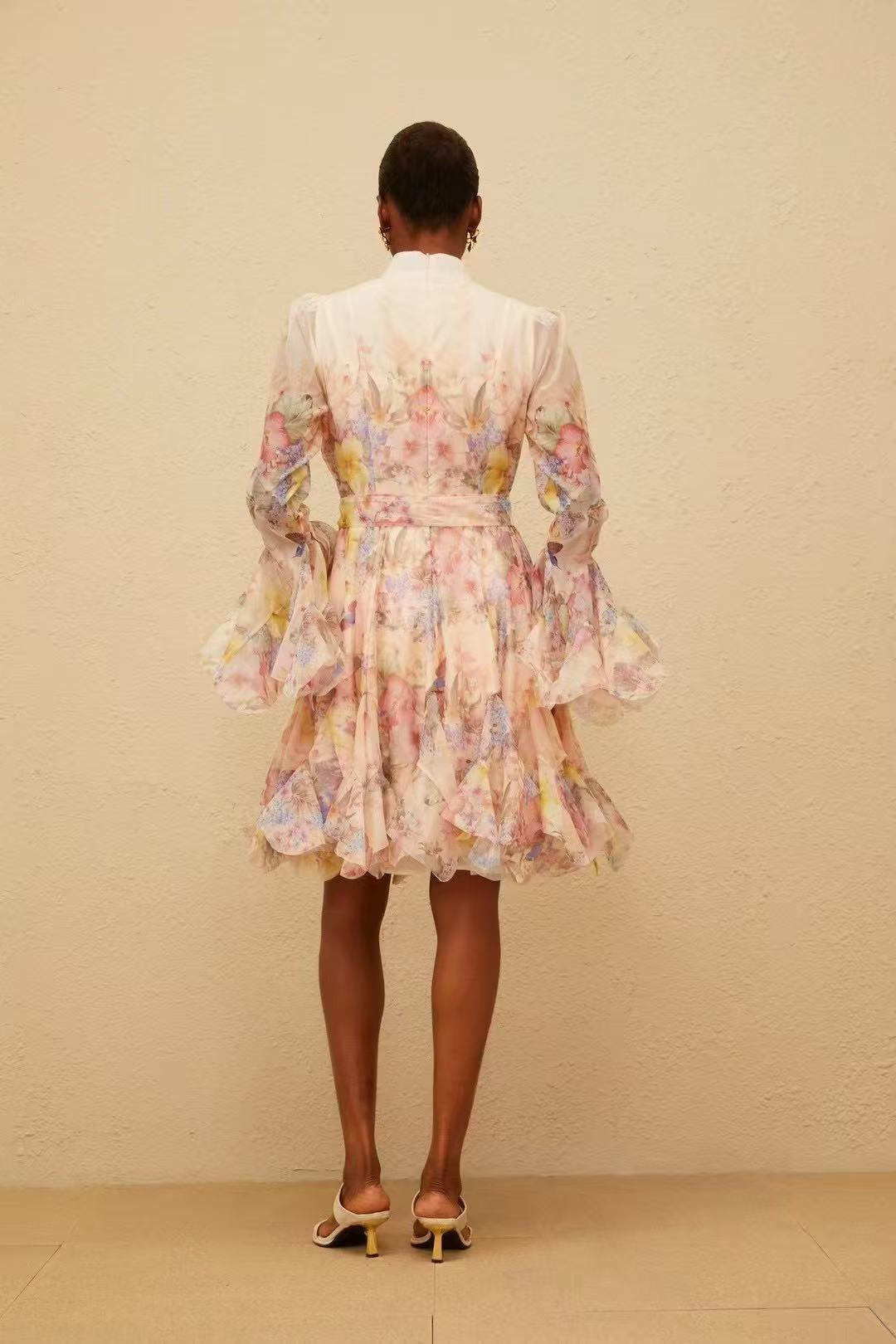 Floral Print Flounce-Hem Fit-and-Flare Dress with Waist Tie
