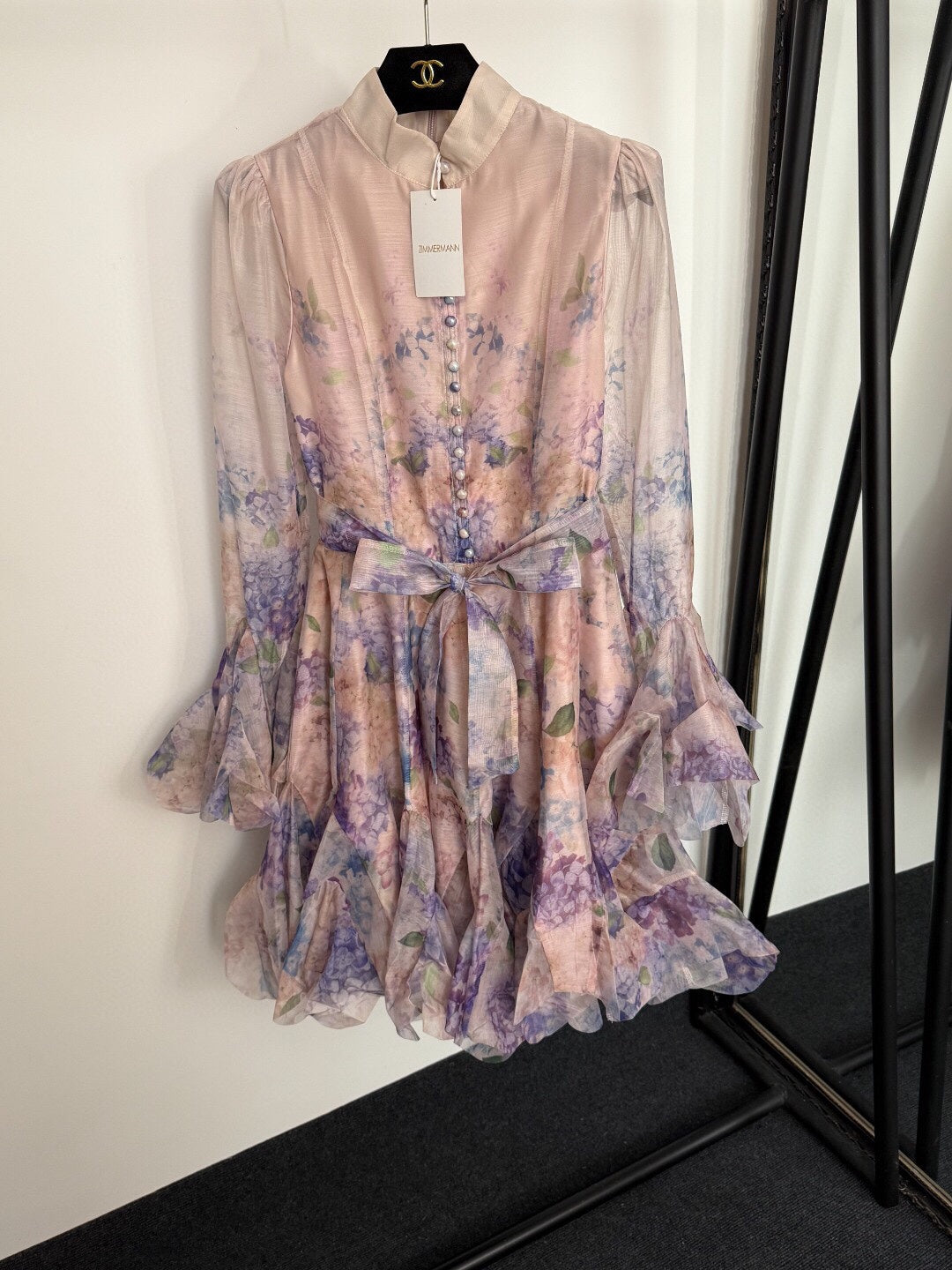 Floral Print Flounce-Hem Fit-and-Flare Dress with Waist Tie