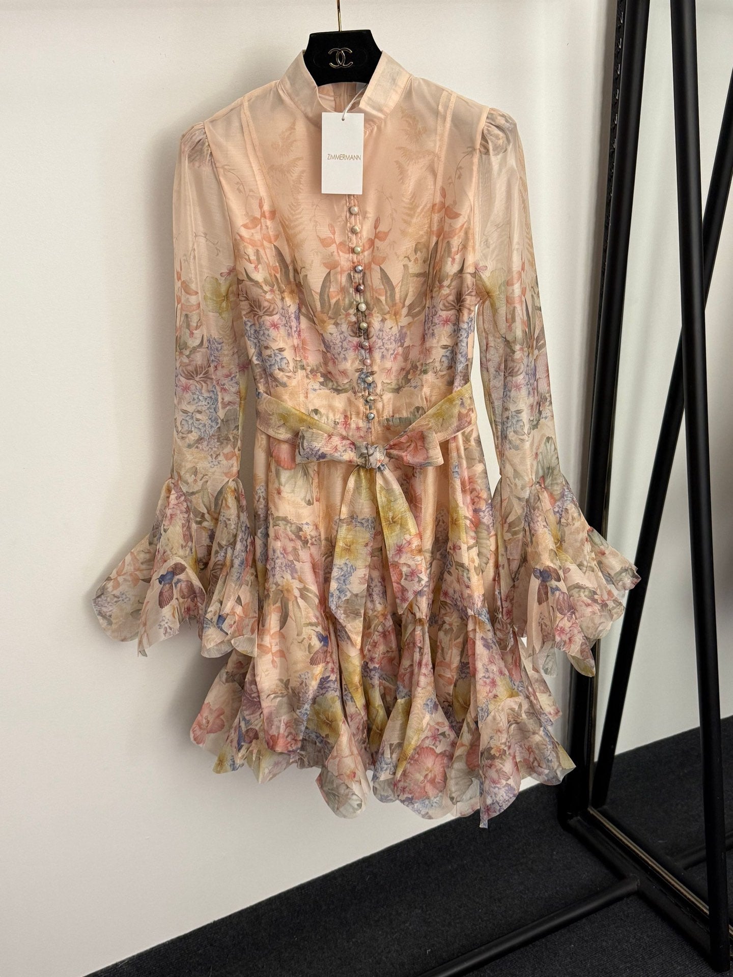 Floral Print Flounce-Hem Fit-and-Flare Dress with Waist Tie