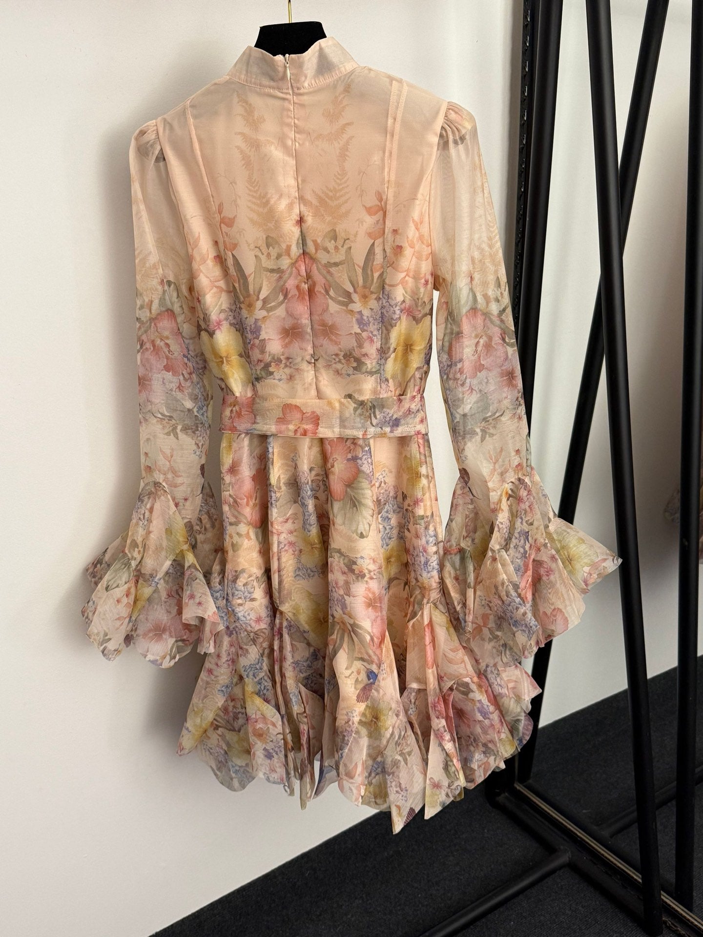 Floral Print Flounce-Hem Fit-and-Flare Dress with Waist Tie