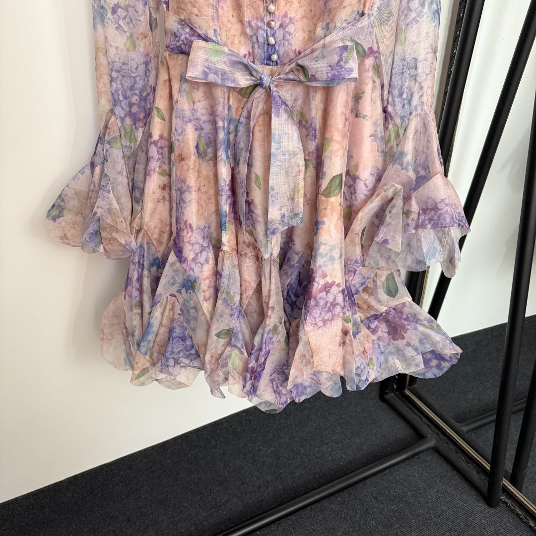 Floral Print Flounce-Hem Fit-and-Flare Dress with Waist Tie