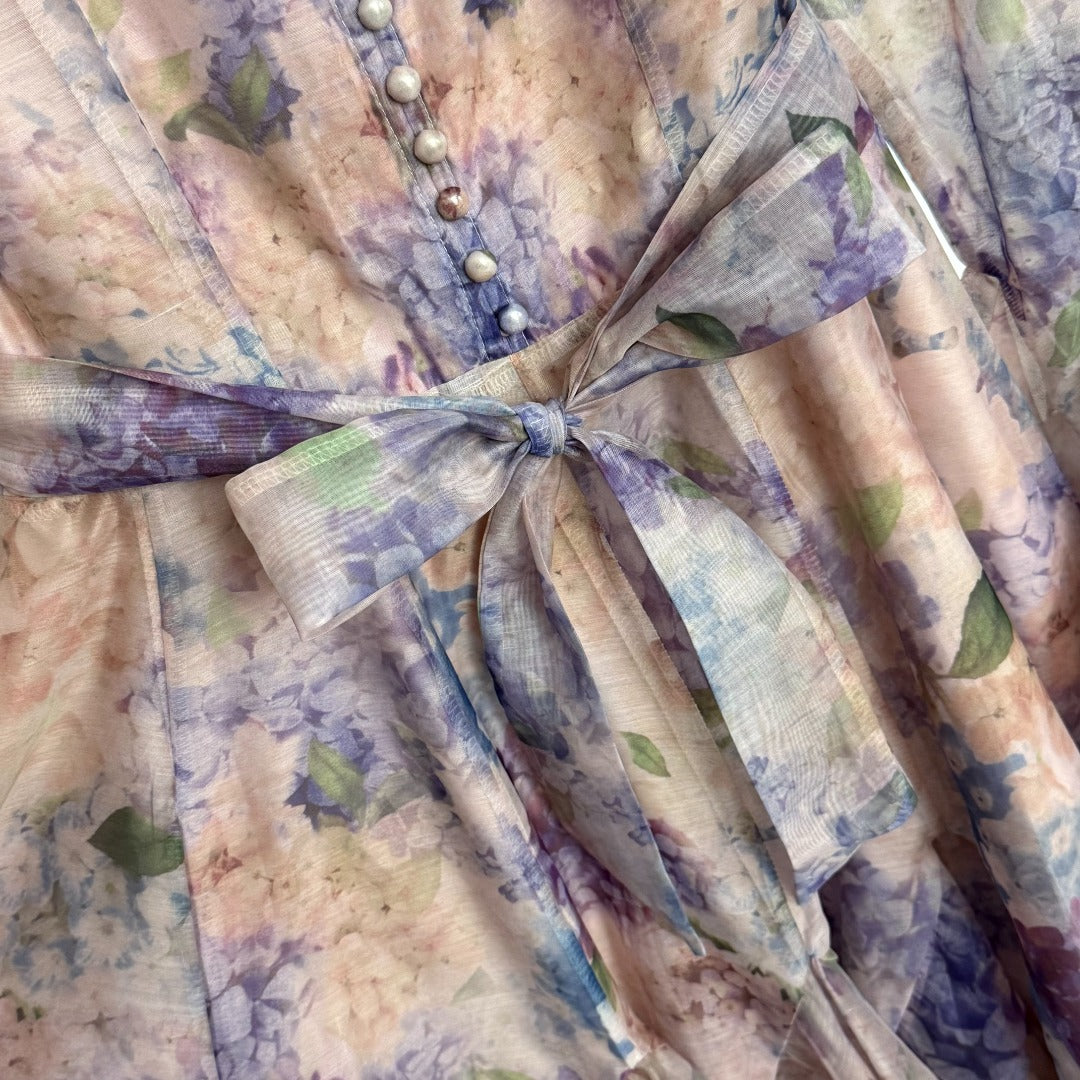 Floral Print Flounce-Hem Fit-and-Flare Dress with Waist Tie