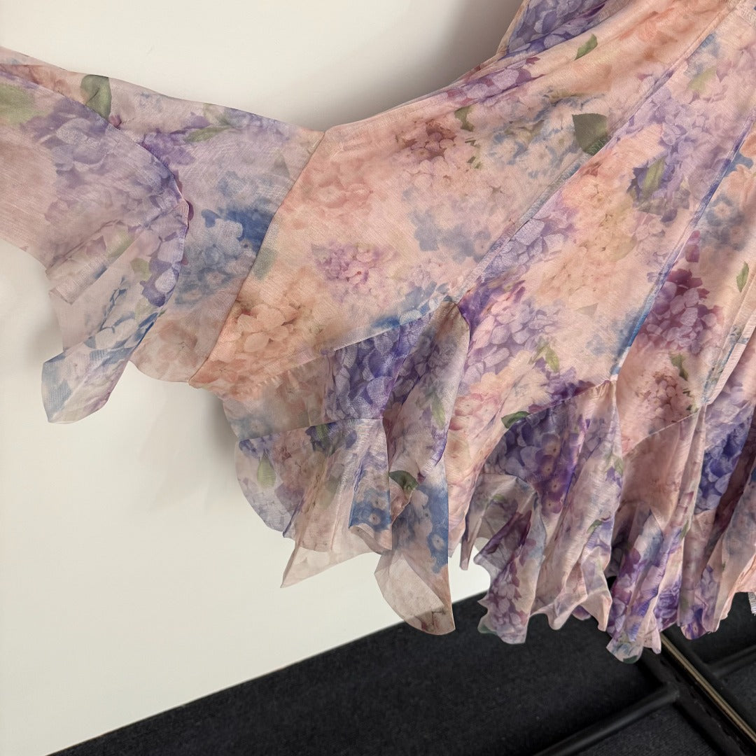 Floral Print Flounce-Hem Fit-and-Flare Dress with Waist Tie
