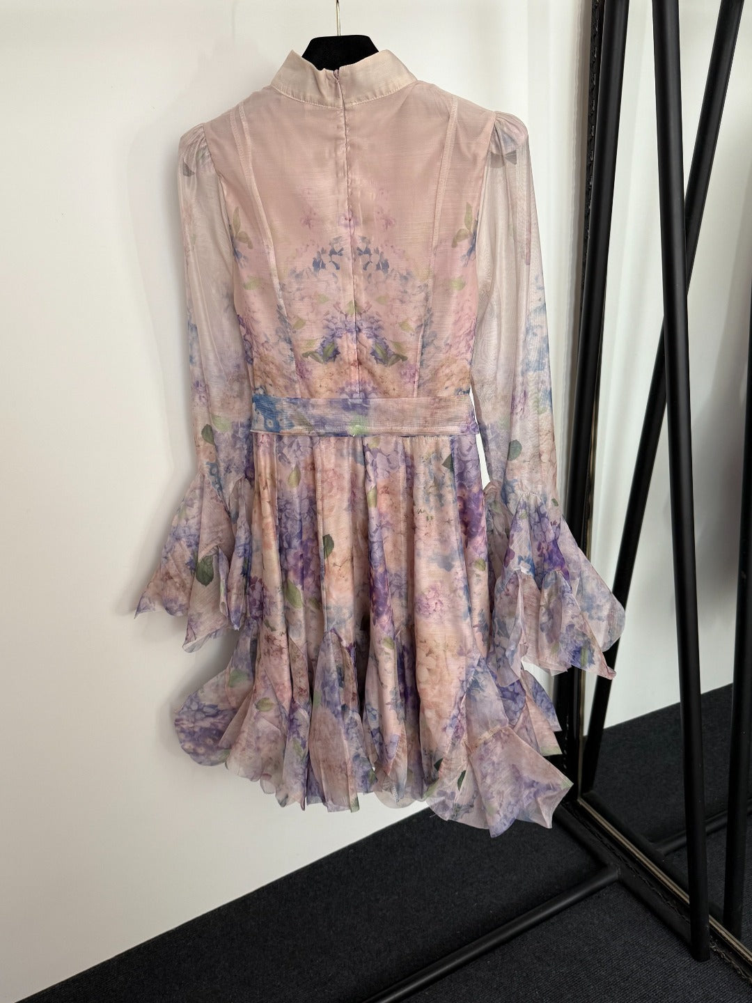Floral Print Flounce-Hem Fit-and-Flare Dress with Waist Tie