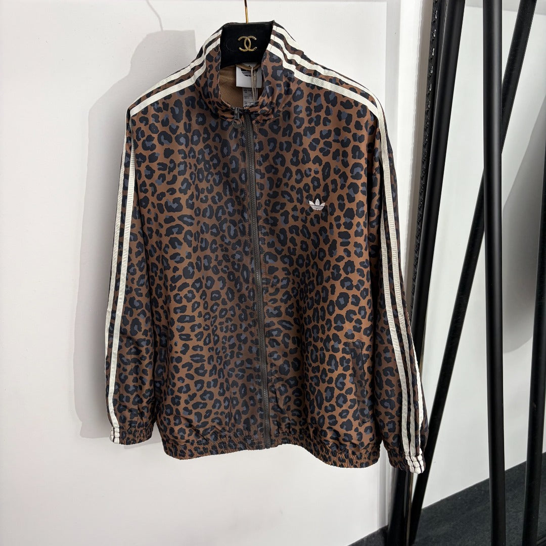 Leopard-print zip-up jacket + high-waisted wide-leg trousers