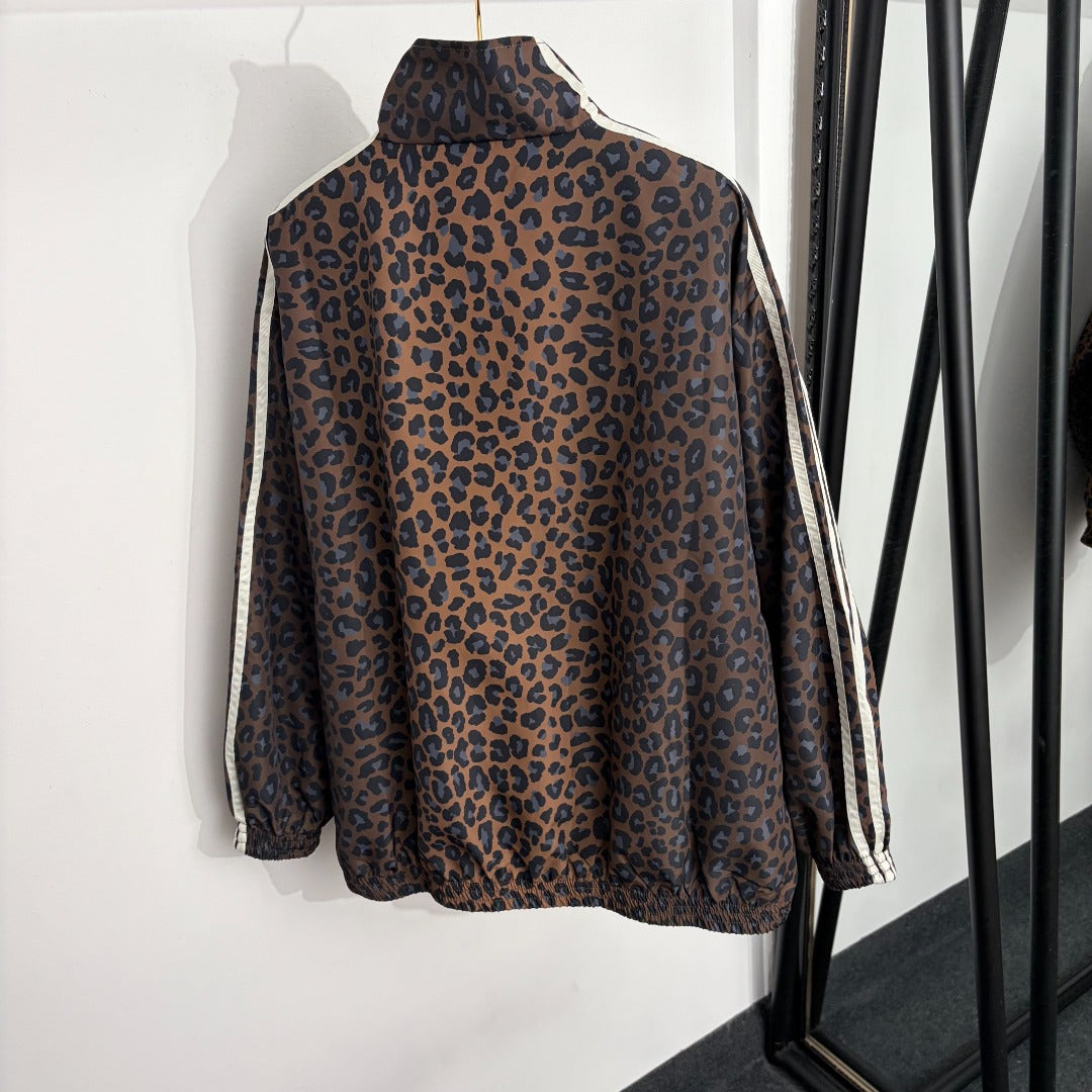 Leopard-print zip-up jacket + high-waisted wide-leg trousers