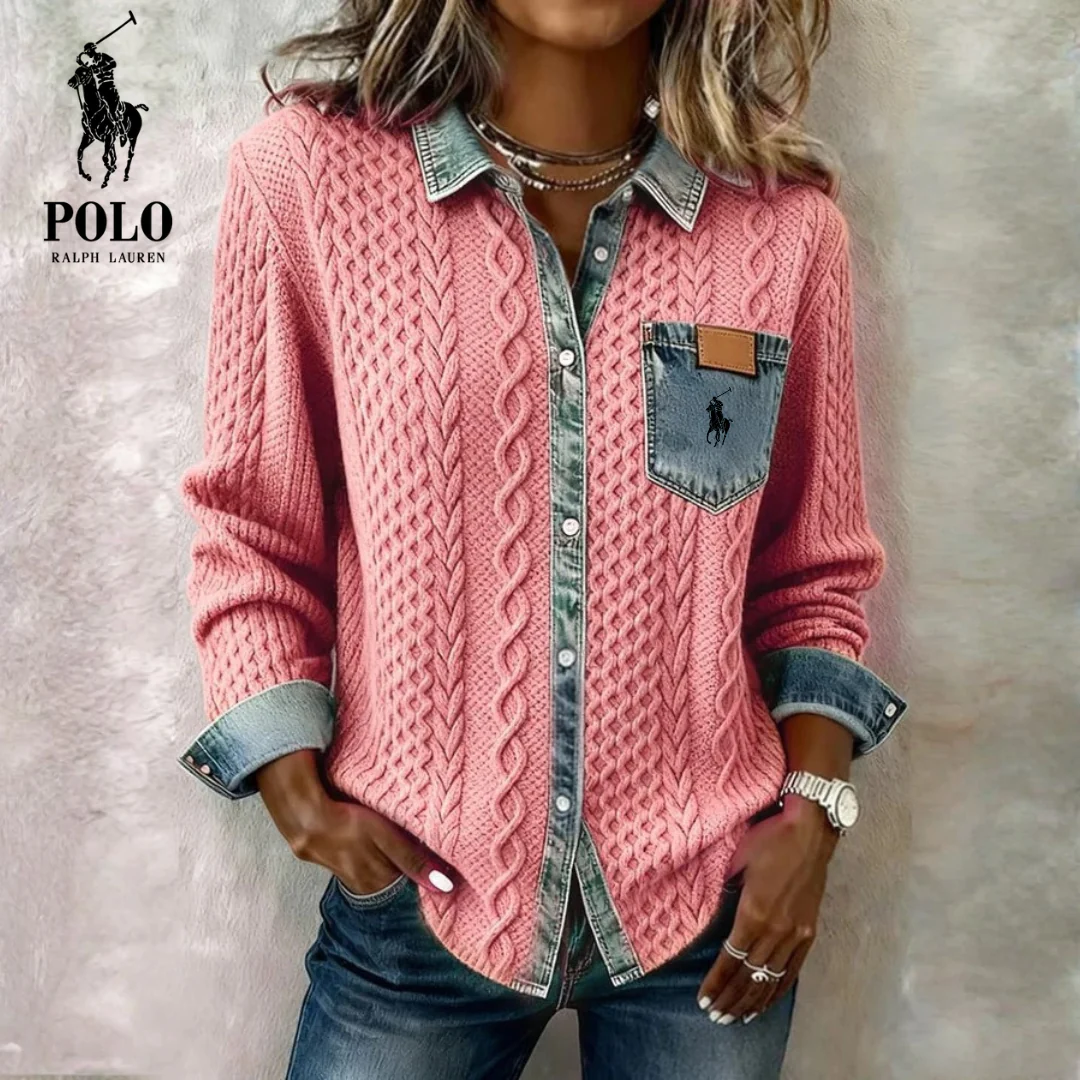 Denim-Trim Cable Knit Shirt