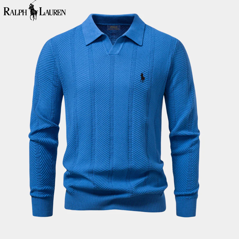 Men's long-sleeved knitted V-neck polo shirt