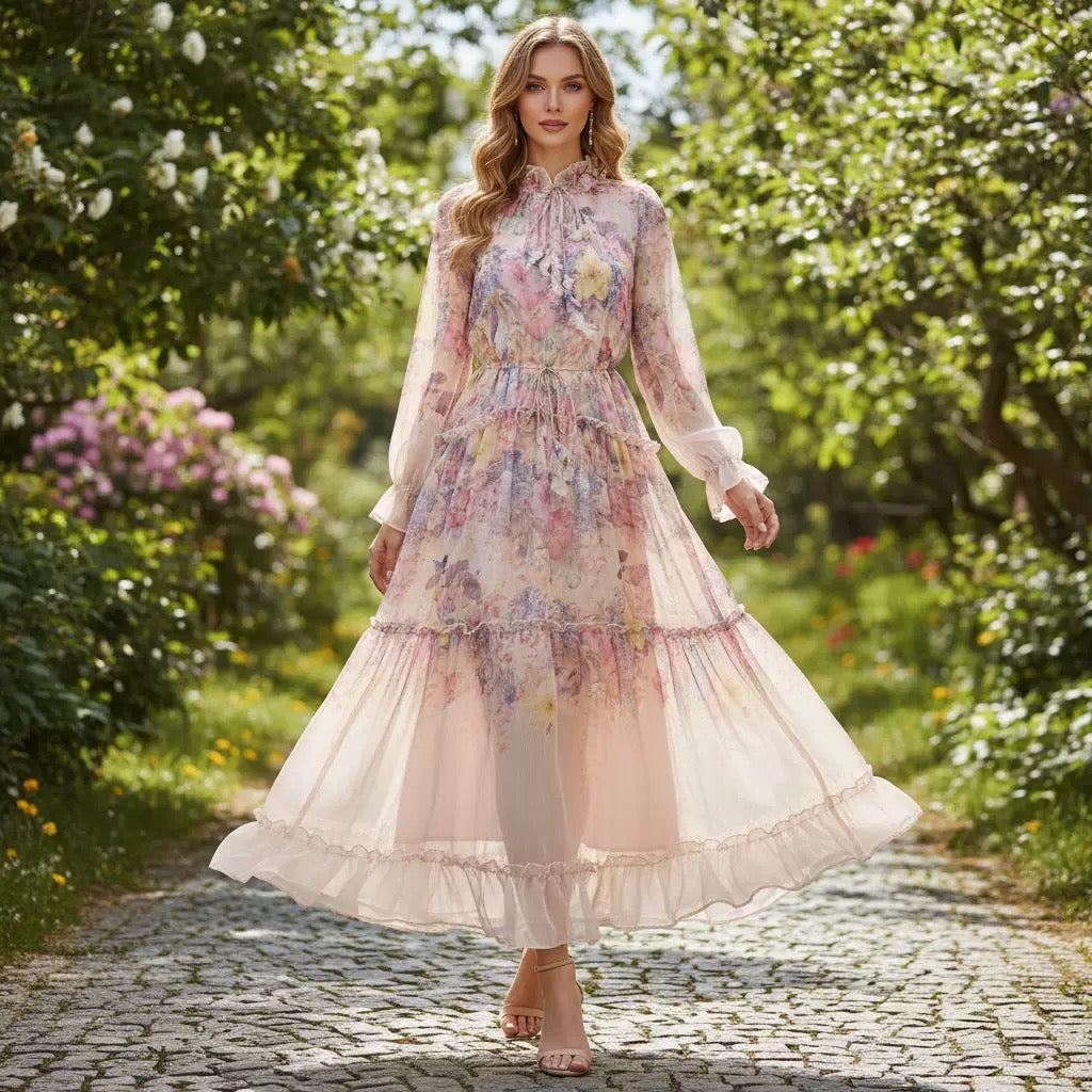 Elegant, Waist-Defining Dress with Colorful Print