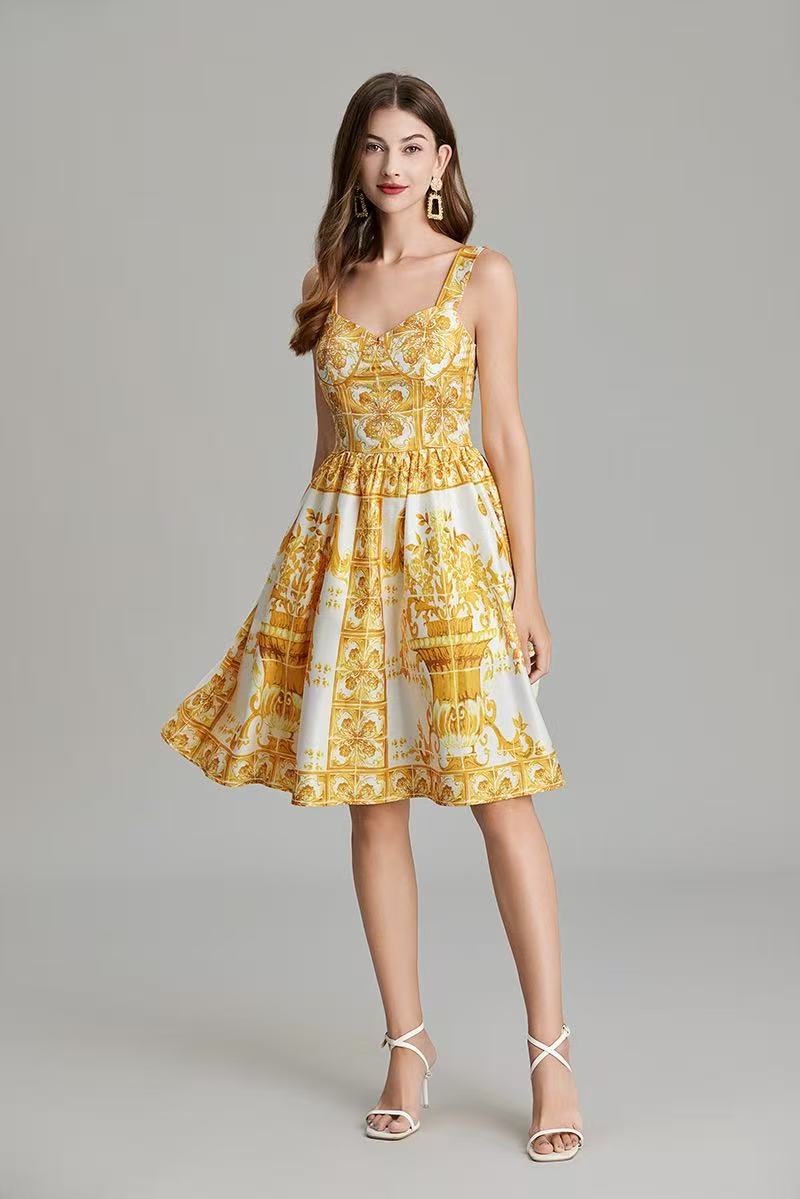 Retro-print structured strapless dress