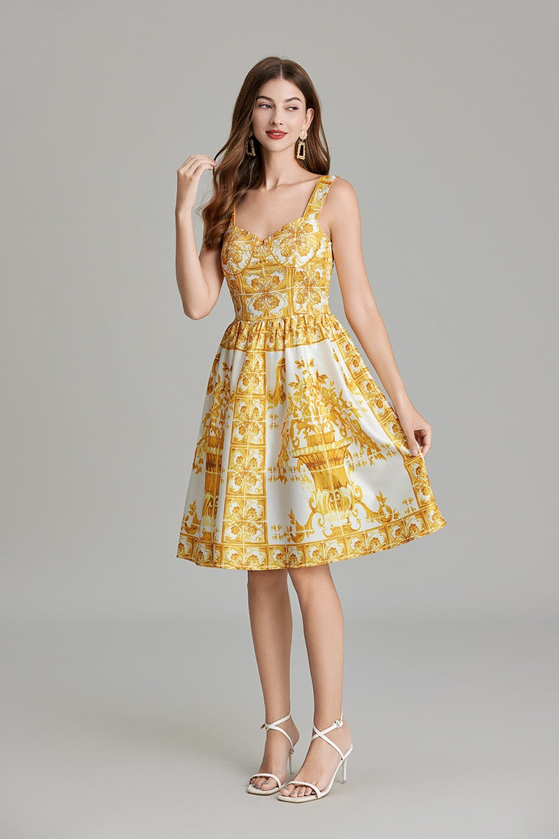 Retro-print structured strapless dress