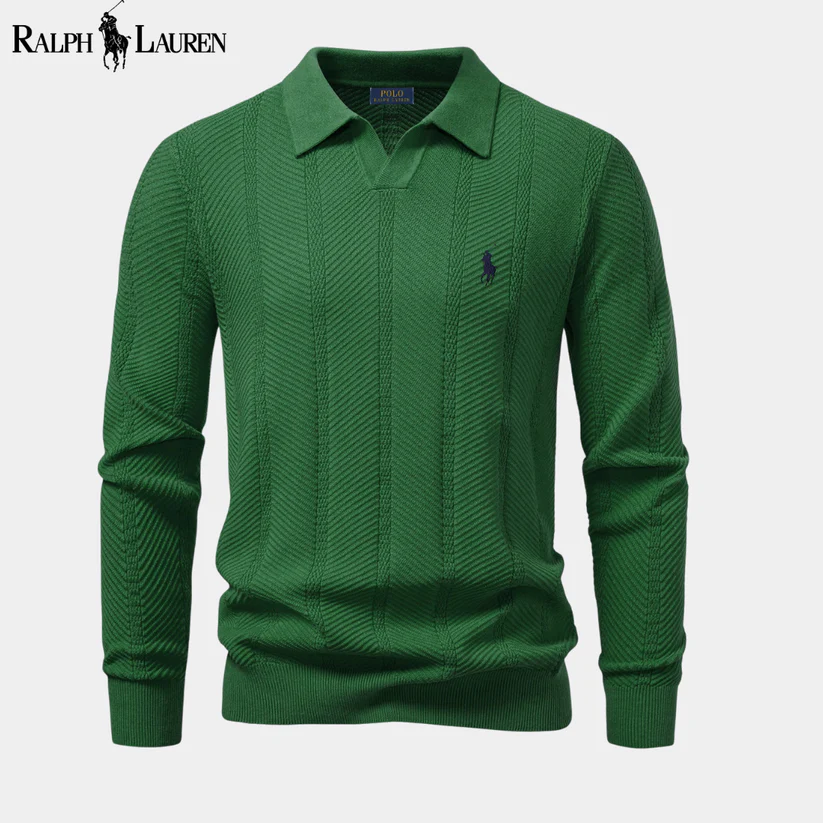 Men's long-sleeved knitted V-neck polo shirt