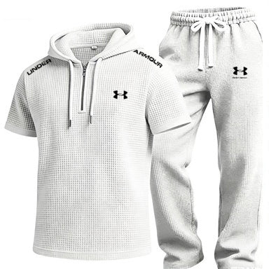Men's Waffle-Knit Short-Sleeve Hoodie and Shorts Set
