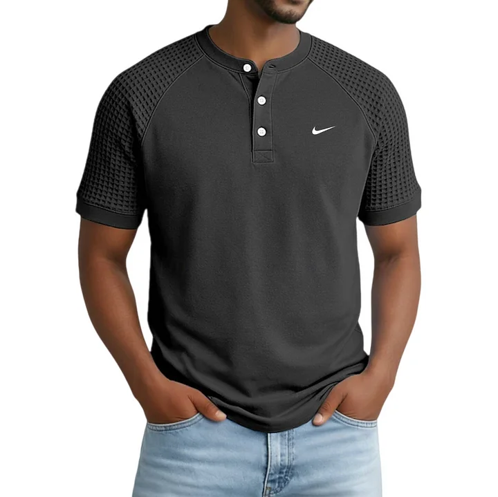 2026 Men's Casual Button Raglan Sleeve Waffle Henley Collar Short-Sleeve T-Shirt